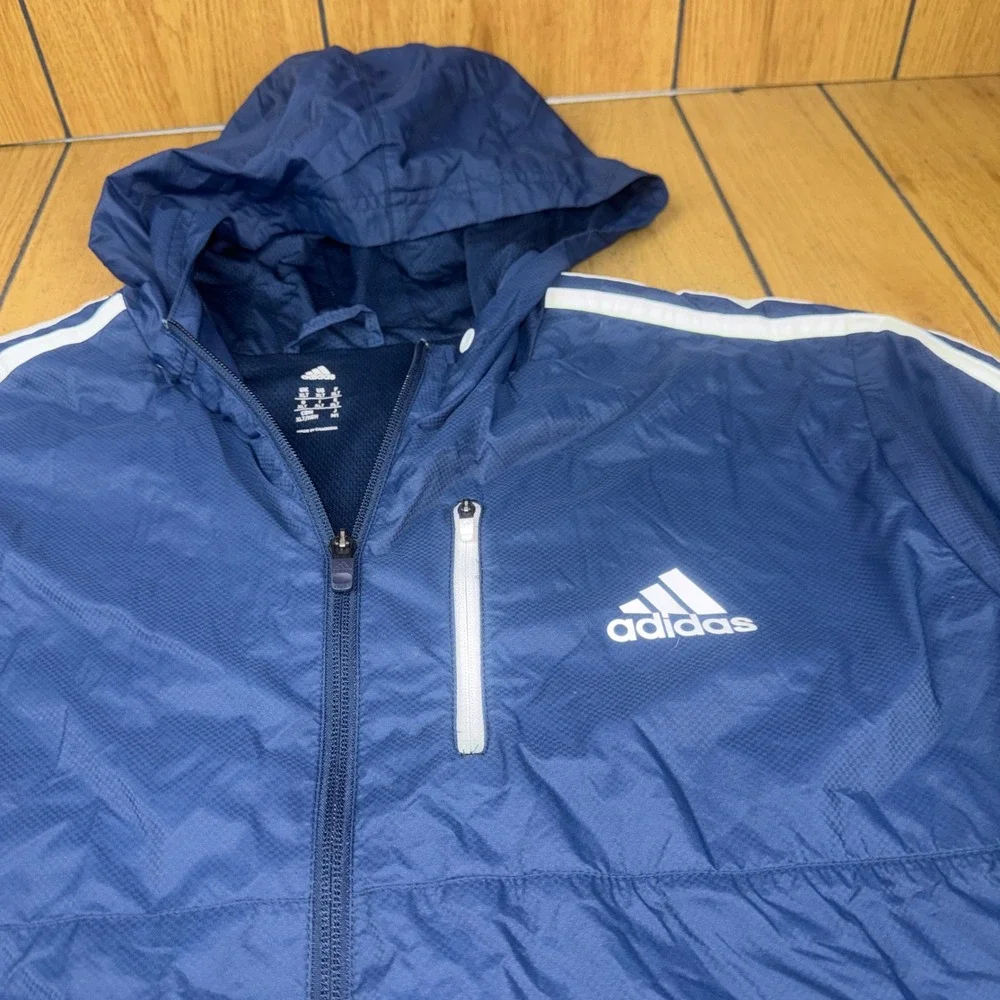 Adidas Mens Navy Blue 3-Stripe Hooded Windbreaker Jacket Mesh Lined‎ XLT